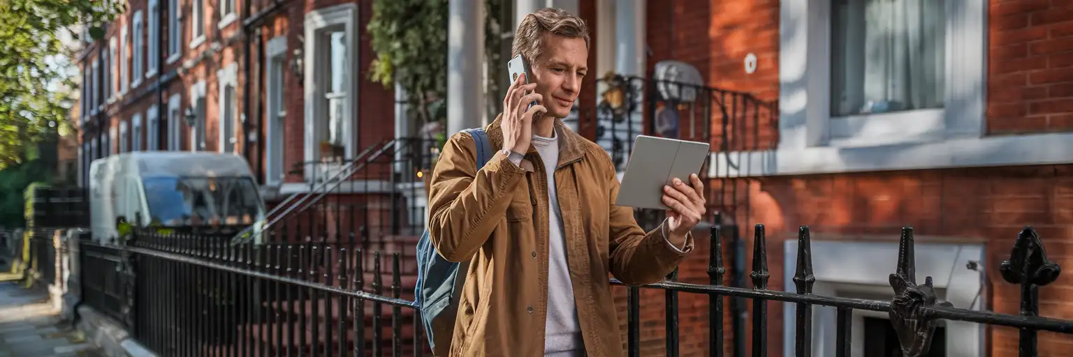 Călător vorbind la telefon în fața unei case londoneze, verificând o notificare de livrare, ilustrând logistica zilnică în timpul unei șederi prelungite în UK