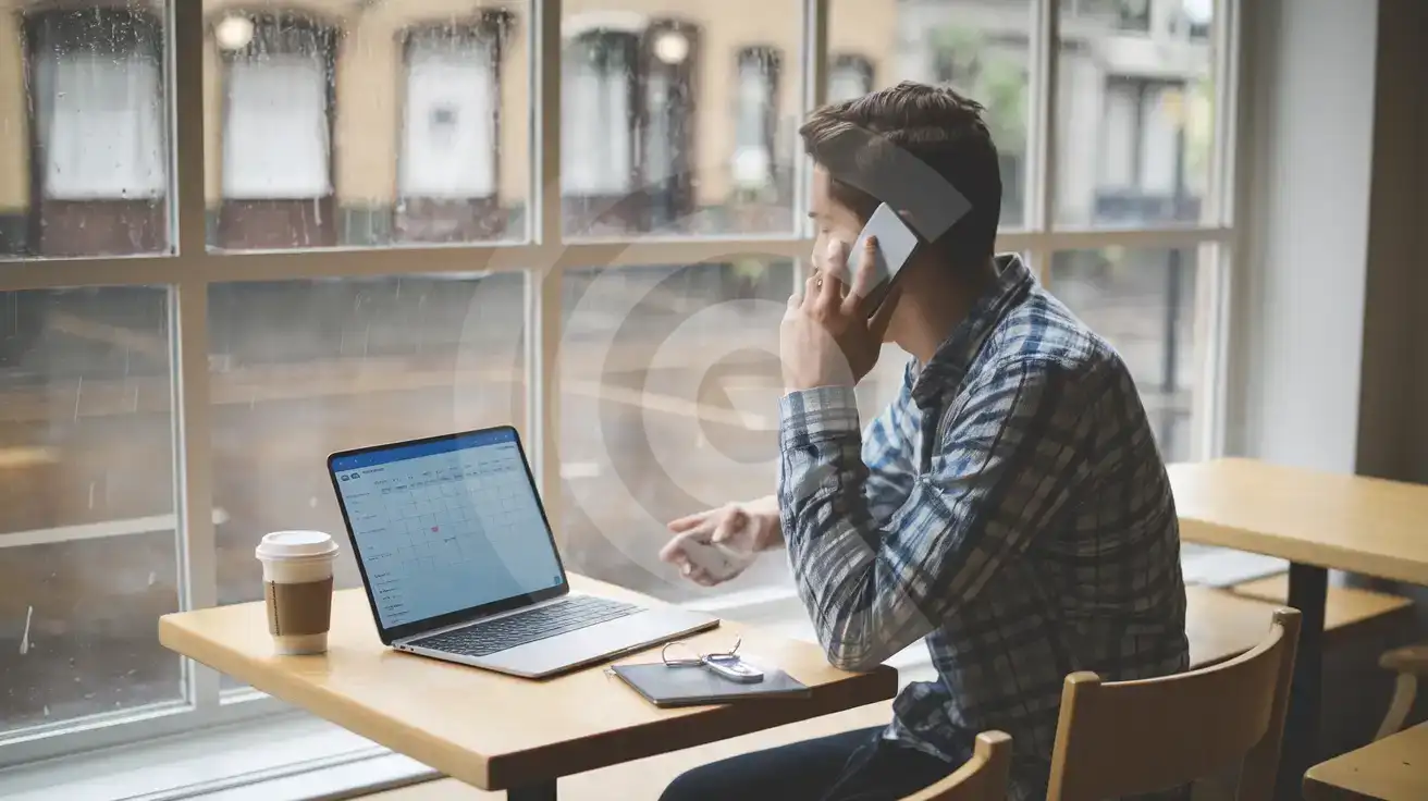 Călător vorbind la telefon într-o cafenea din Marea Britanie, coordonând întâlniri cu laptopul și cheile de la apartament pe masă