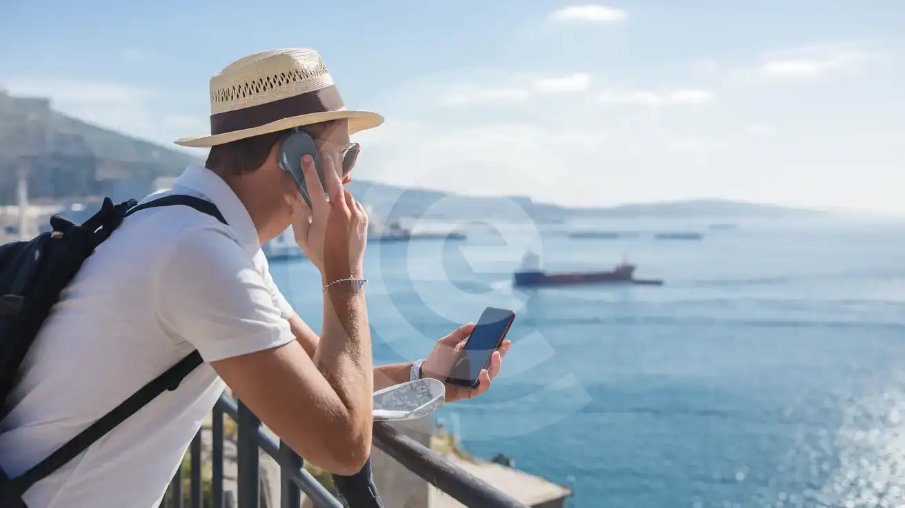 Viajero en llamada telefónica con vista al Estrecho de Gibraltar confirmando la reserva de un tour