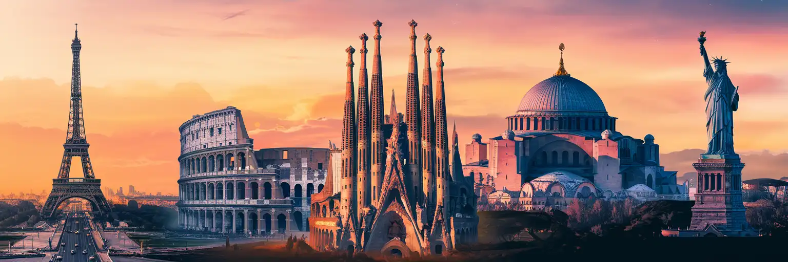 Golden-hour montage of the Eiffel Tower, Colosseum, Sagrada Família, Hagia Sophia, and Statue of Liberty unified in one cinematic travel panorama