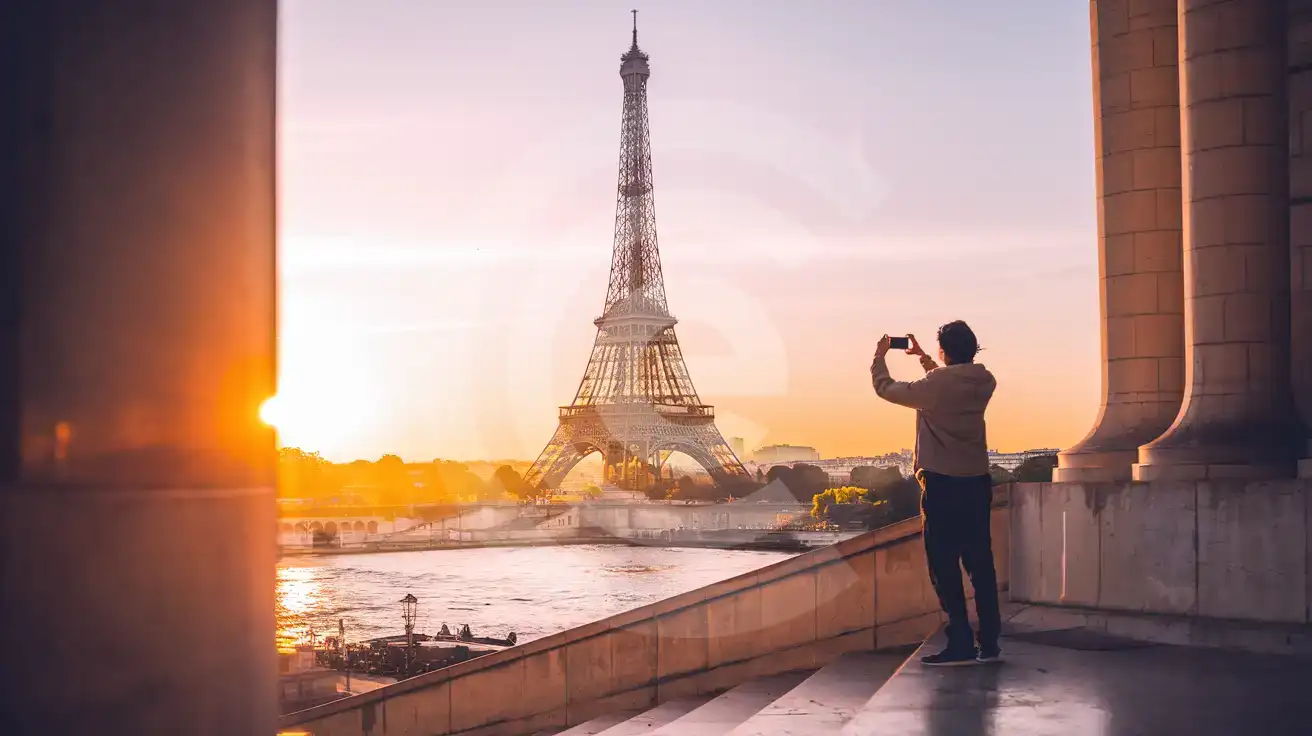 Traveler photographing the Eiffel Tower from Trocadéro at golden hour in Paris