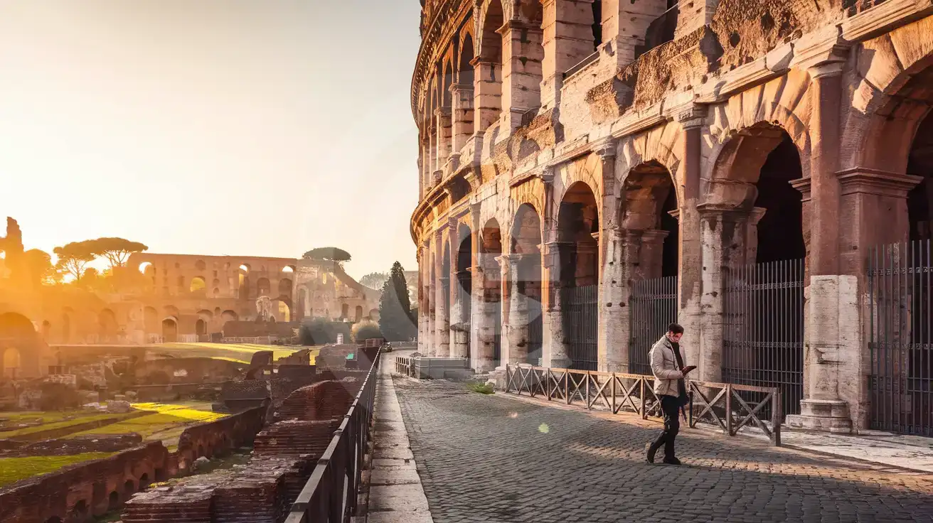 Traveler checking phone near the Colosseum at sunset in Rome