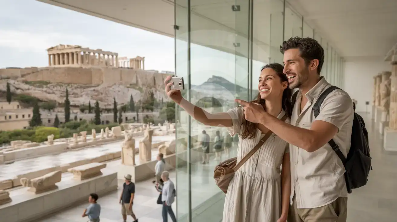 A couple photographing the Parthenon through the glass walls of the Acropolis Museum Parthenon Gallery in Athens