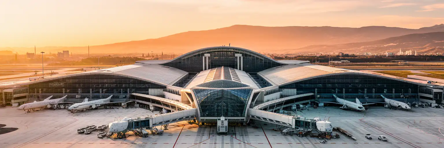 Athens International Airport terminal exterior with curved glass facade against golden hour sky