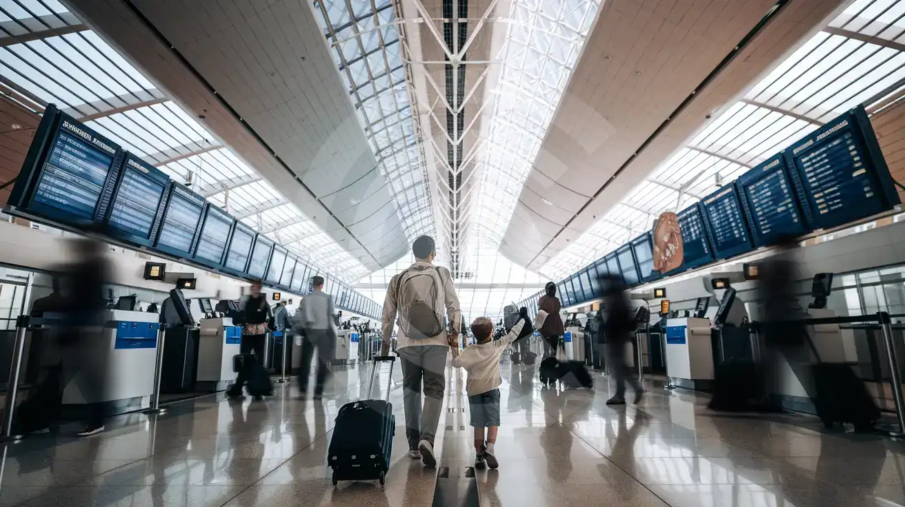 Family walking through Athens International Airport departure terminal with smartphone capturing the modern glass architecture