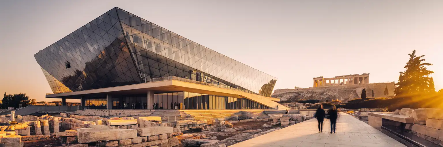The modern glass facade of the Acropolis Museum in Athens at golden hour with the Parthenon visible on the hill behind
