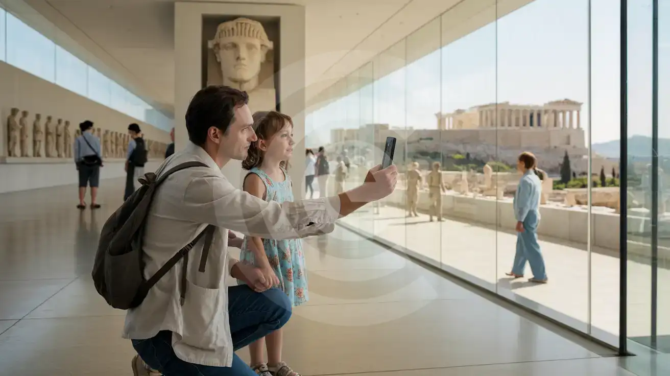 A family photographs the Parthenon frieze inside the top-floor gallery of the Acropolis Museum in Athens