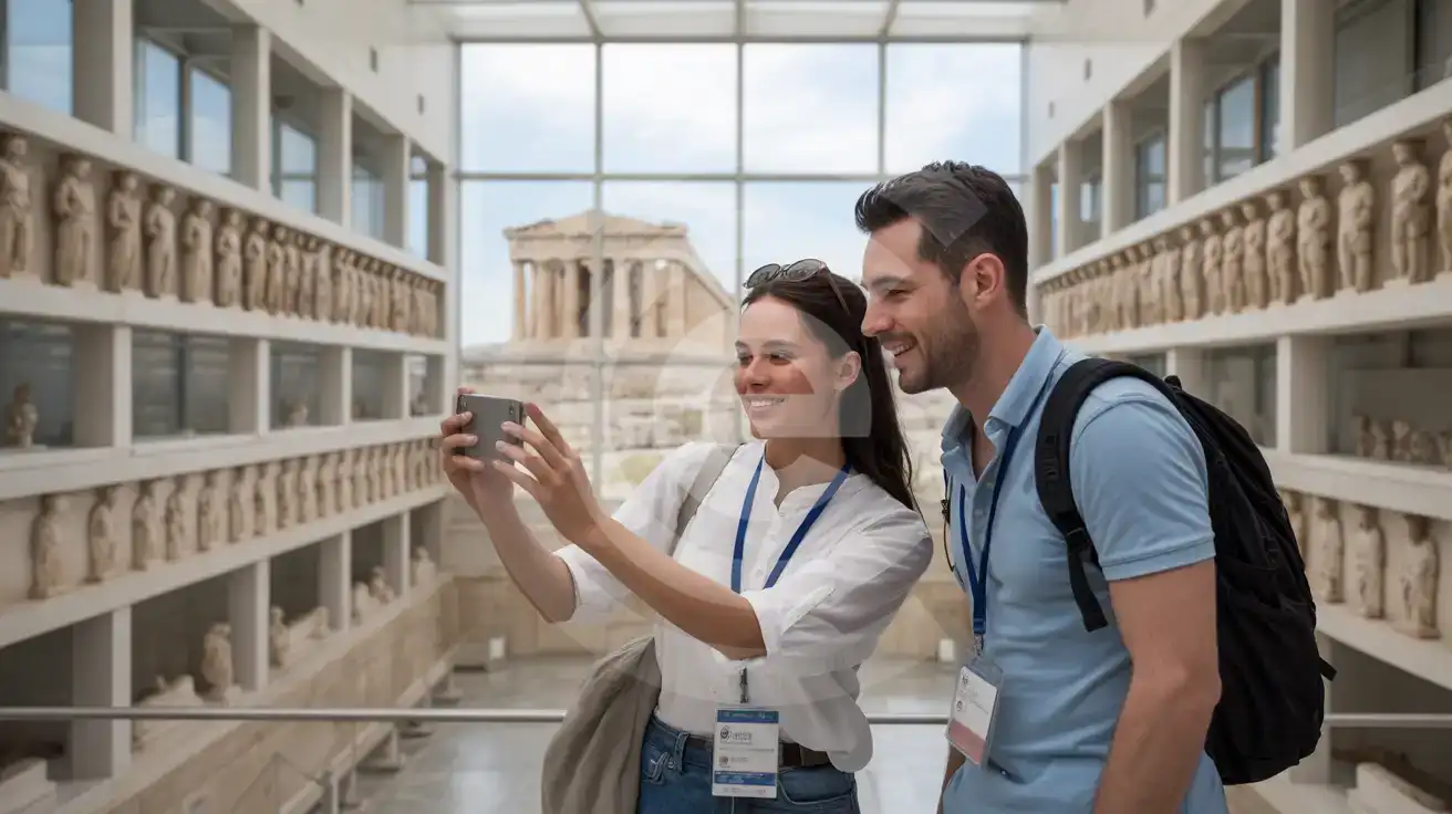 A couple photographing the Parthenon frieze inside the Acropolis Museum gallery with the real Parthenon visible through the windows