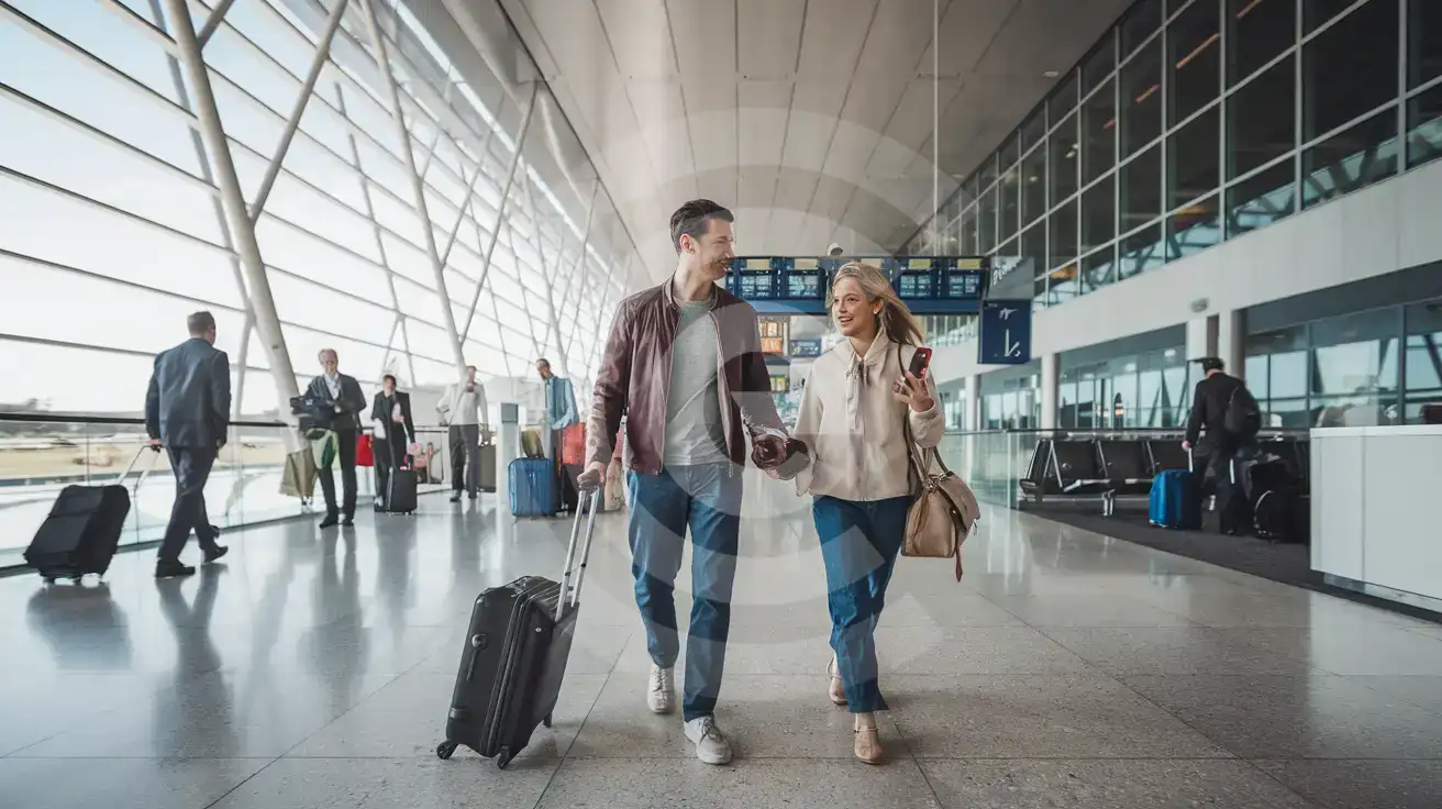 Mixed couple walking through the arrivals concourse at Thessaloniki Airport Makedonia with luggage and smartphone after landing