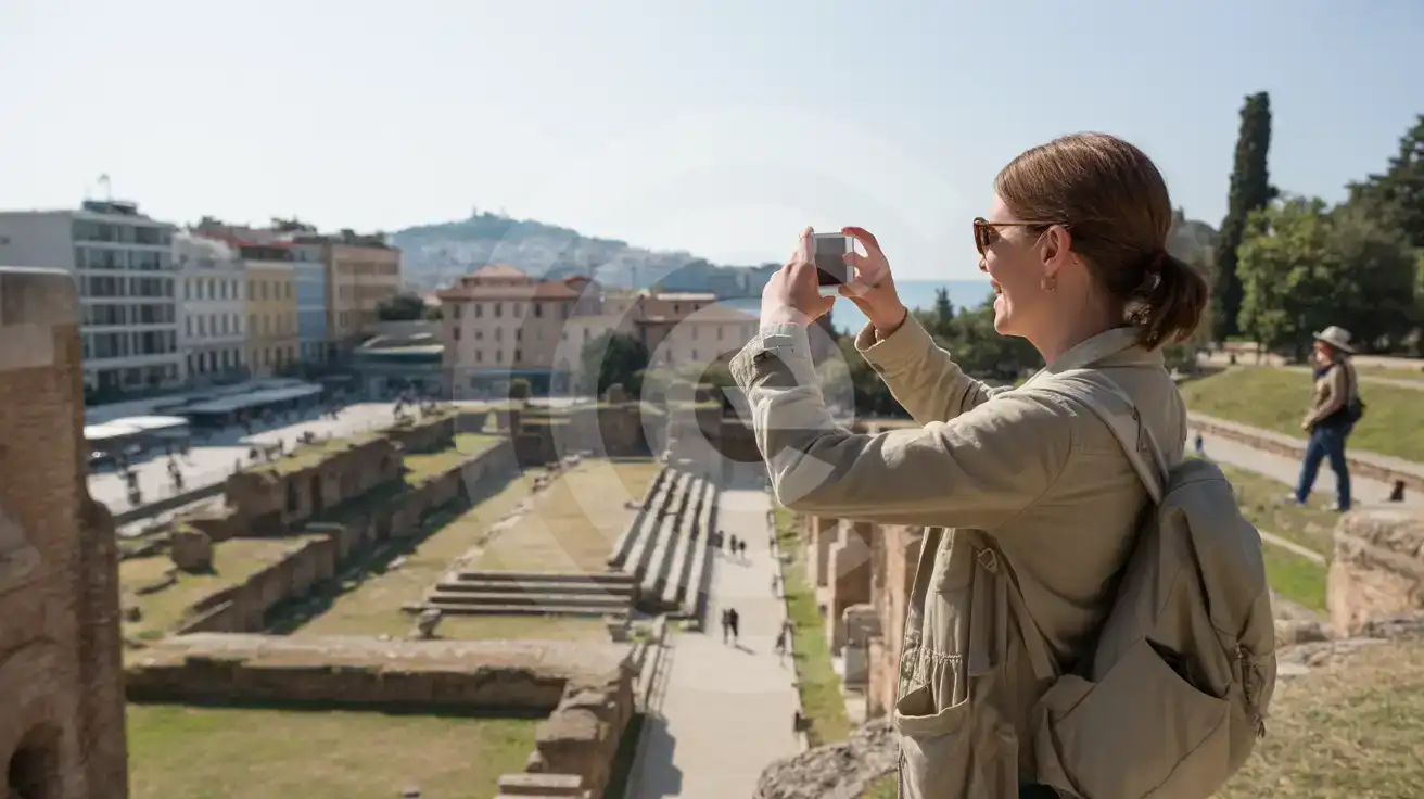 Solo female traveler photographing the excavated walkways and stone seating inside the Roman Forum of Thessaloniki