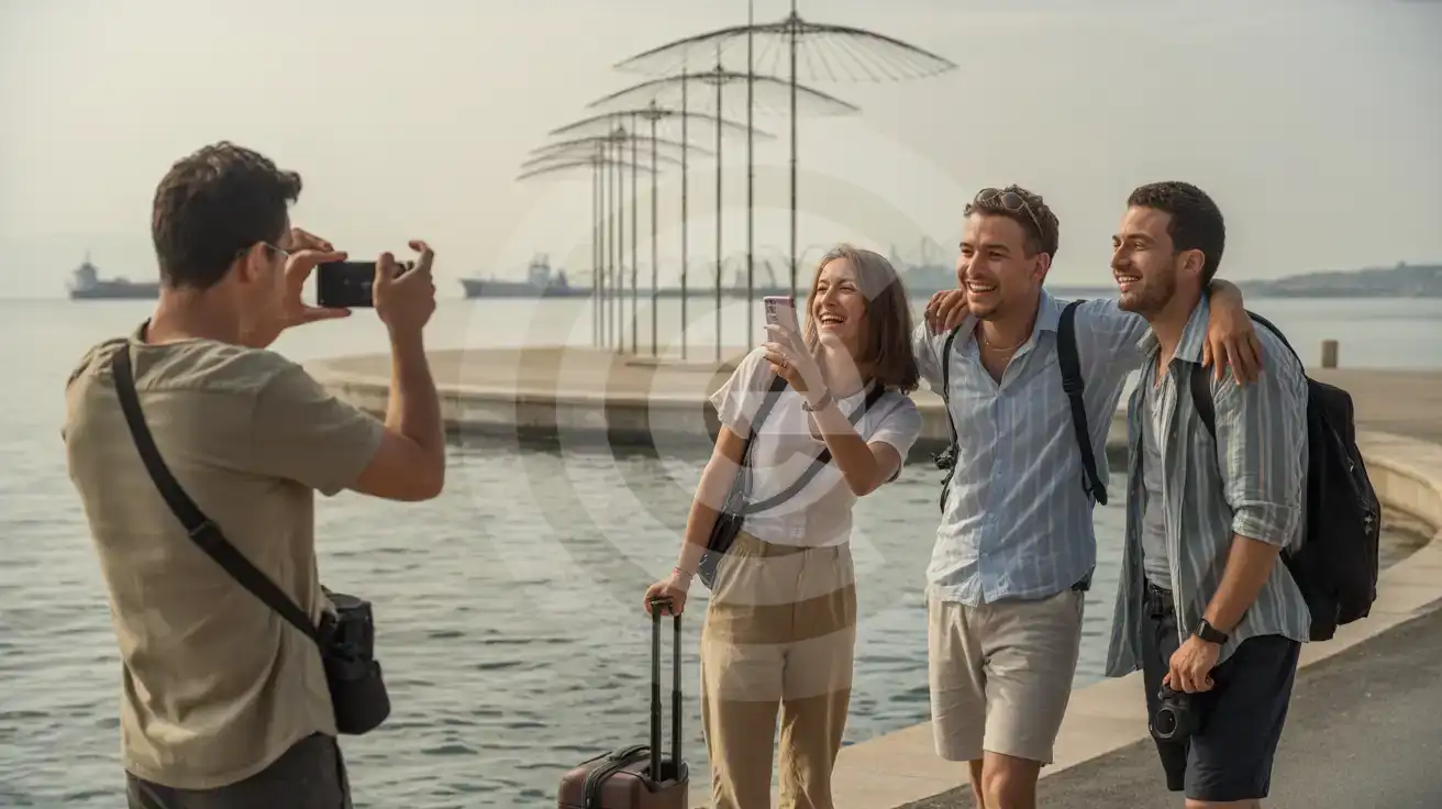 Three friends photographing the Umbrellas sculpture installation on the Thessaloniki waterfront promenade with the Thermaic Gulf behind them