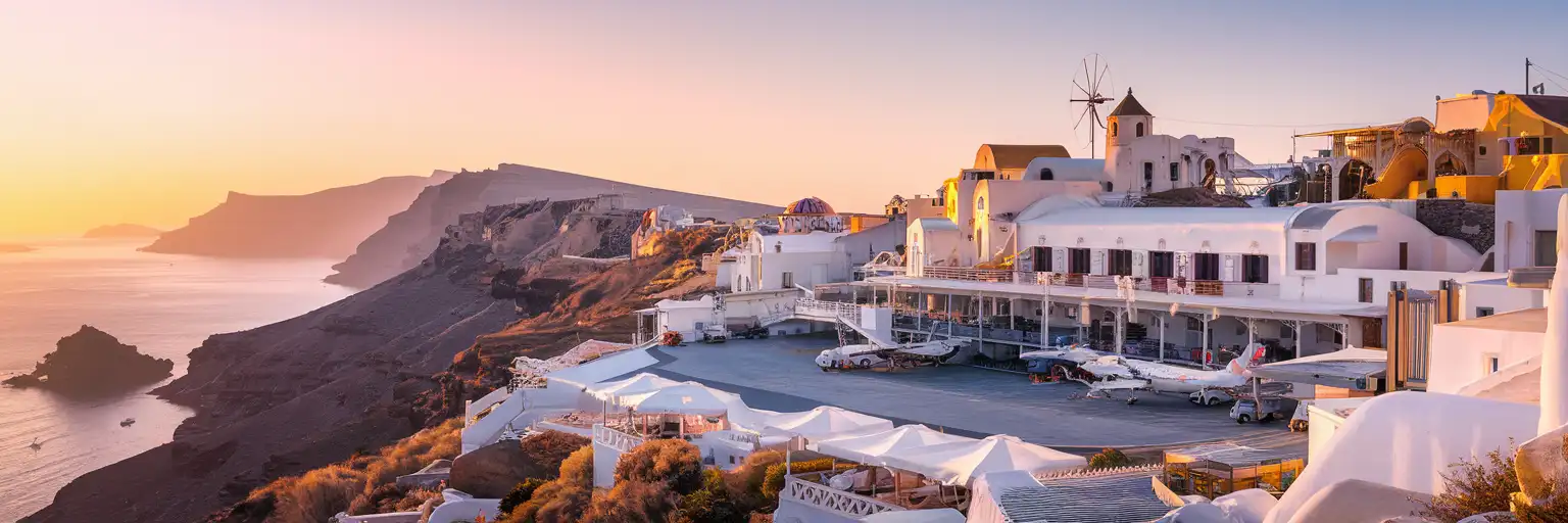 Exterior view of Santorini International Airport terminal at sunset in Santorini, Greece