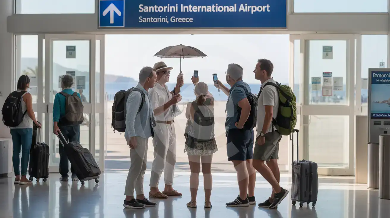 Guided tour group in the busy arrivals concourse at Santorini International Airport, Santorini, Greece