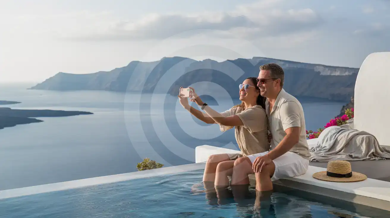 Couple photographing the Santorini caldera from Vedema Resort's infinity pool terrace