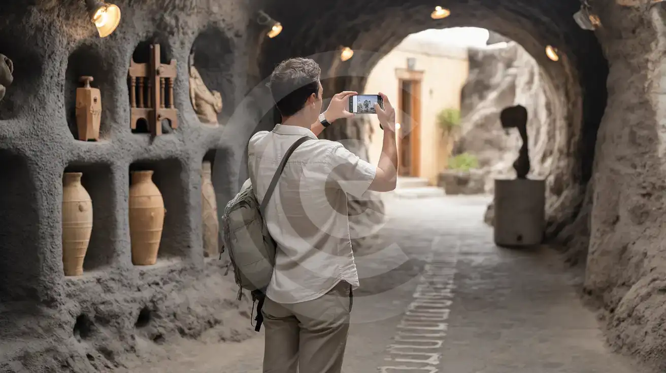 Solo male traveler photographing sculpture installations inside the volcanic cave gallery at Art Space Santorini