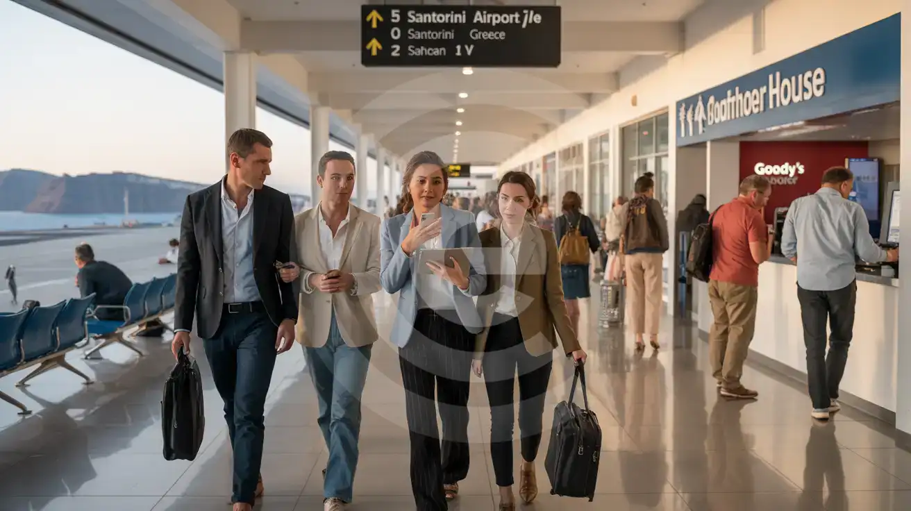 Business travelers walking through Santorini Airport departures airside area with Aegean Sea views through terminal windows
