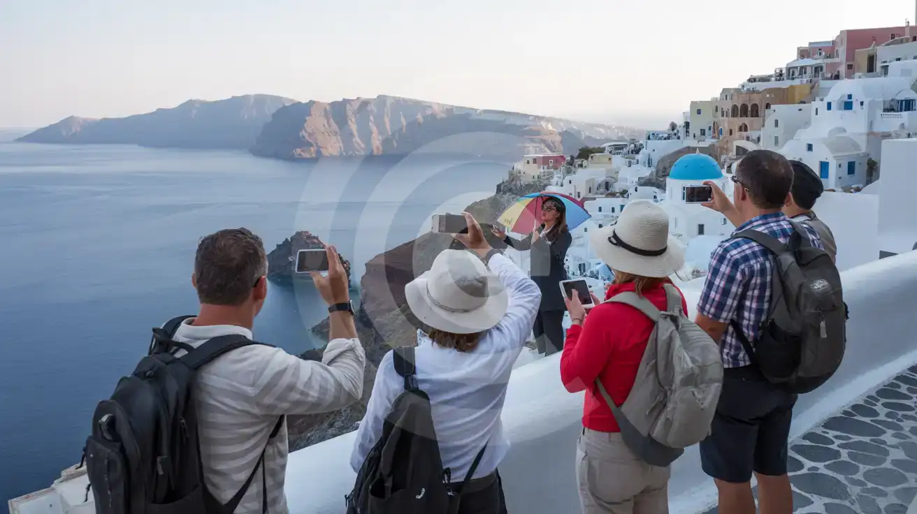 Tour group photographing the Santorini Caldera from Oia village with Nea Kameni volcano visible in the basin below