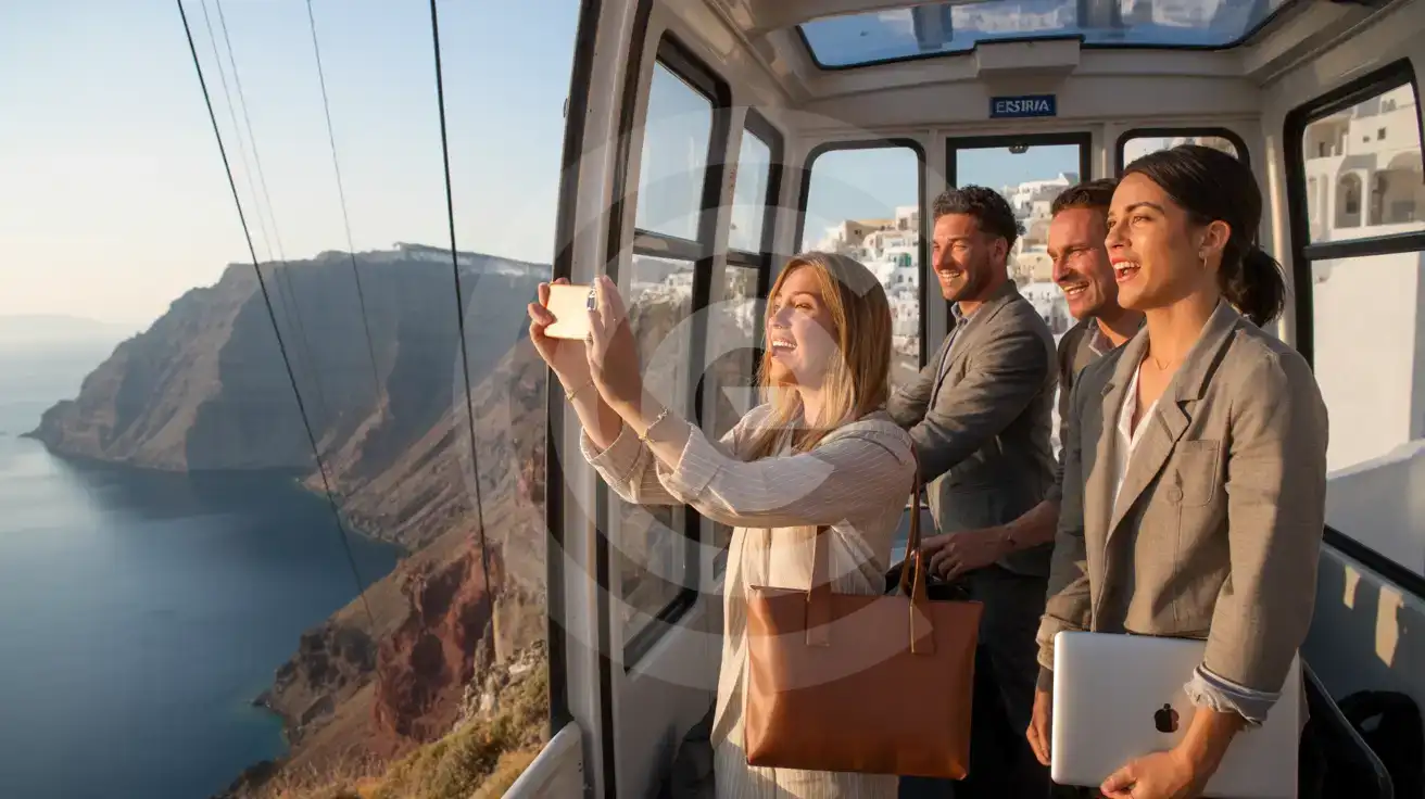 Business team inside Santorini cable car cabin ascending caldera cliff from Skala Fira with smartphone capturing the dramatic Aegean view