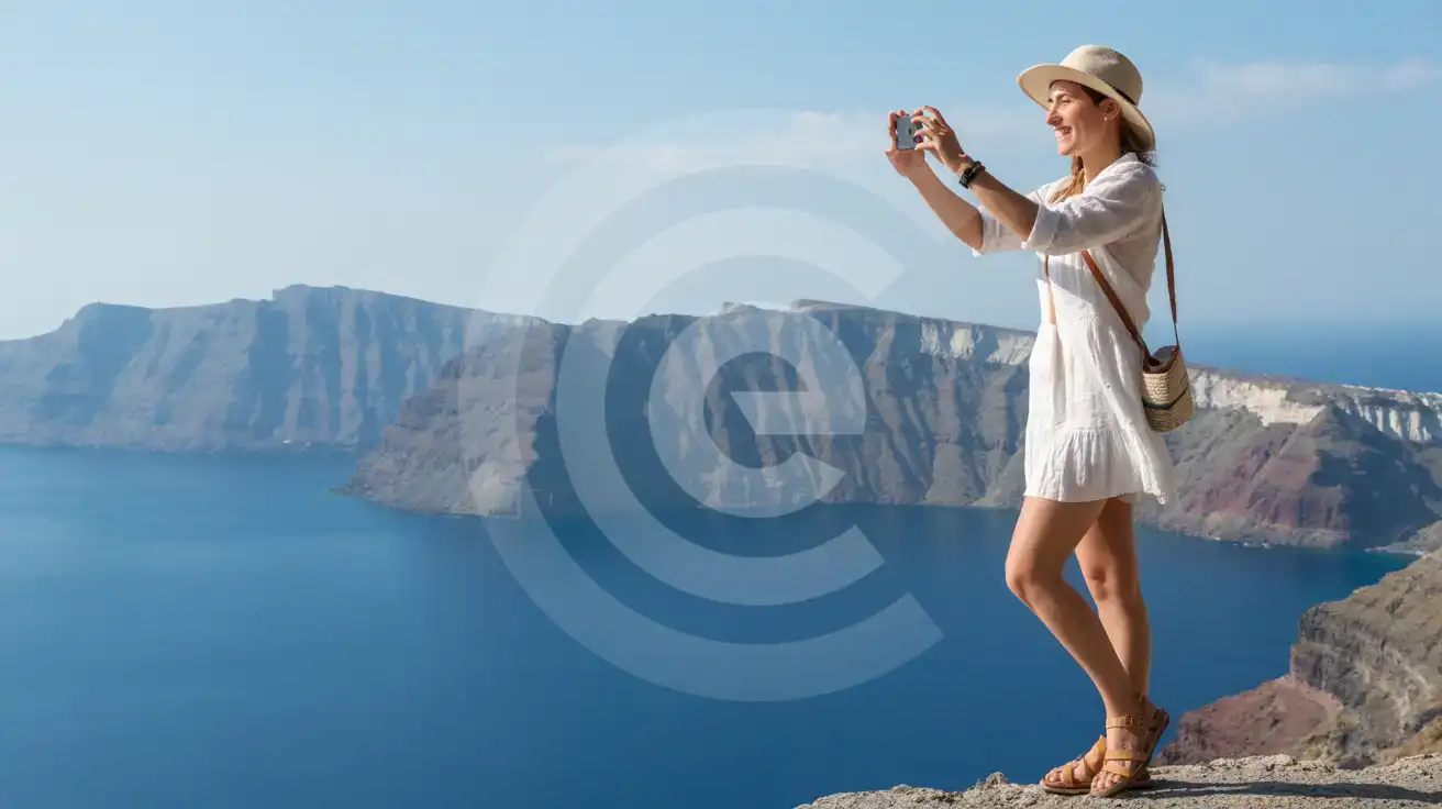 Solo female traveler photographing the Santorini Caldera volcanic cliffs from Imerovigli viewpoint