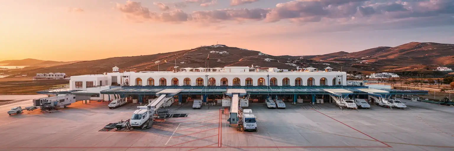 Exterior view of Mykonos International Airport in Mykonos, Greece at golden hour