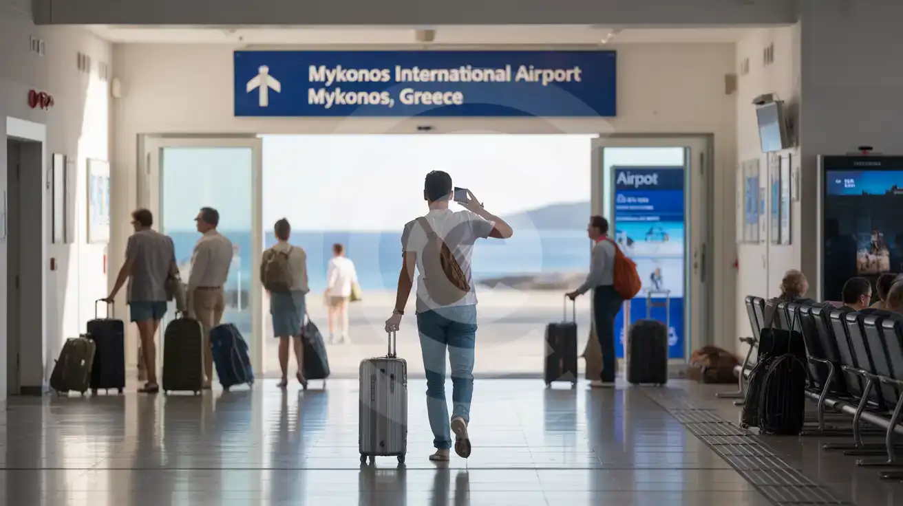 Solo male traveler walking through the arrivals concourse at Mykonos International Airport with suitcase and phone