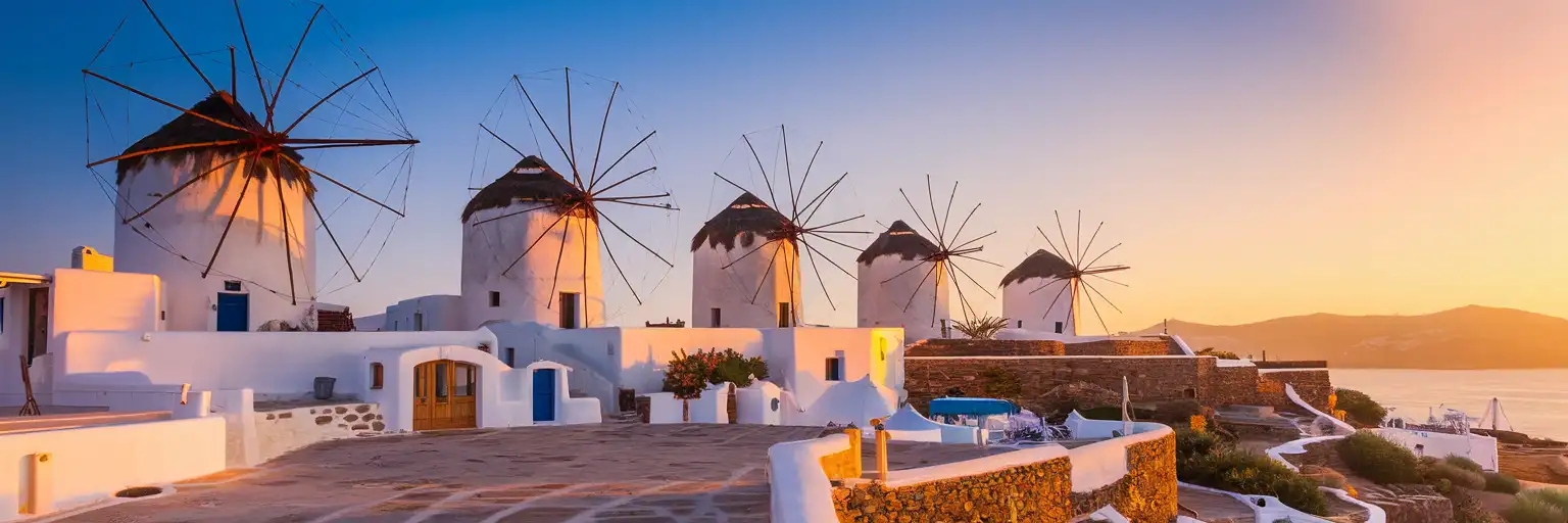 Iconic Kato Mili windmills overlooking Mykonos Town harbor at golden hour with whitewashed Cycladic buildings and the Aegean Sea