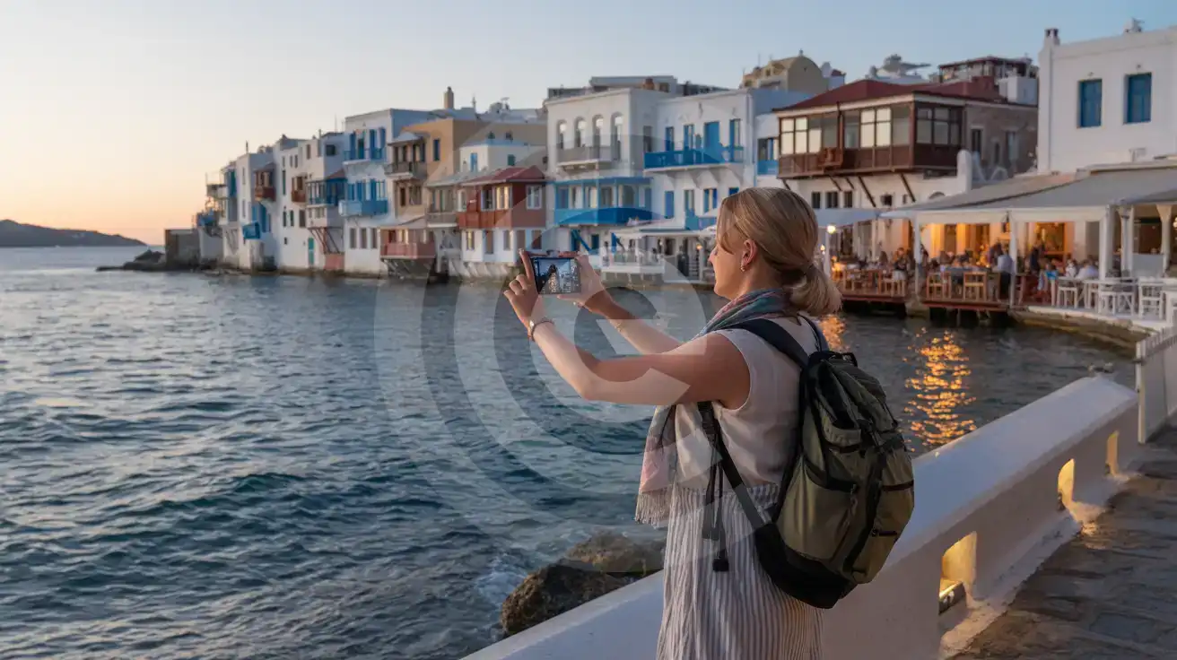 Solo female traveler photographing the colorful waterfront houses of Little Venice in Mykonos Town at blue hour twilight