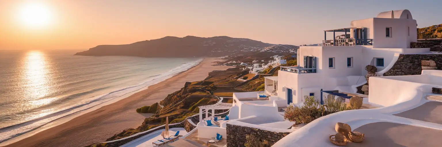 Arte & Mare Elia Mykonos Suites whitewashed buildings overlooking Elia Beach and the Aegean Sea at golden hour