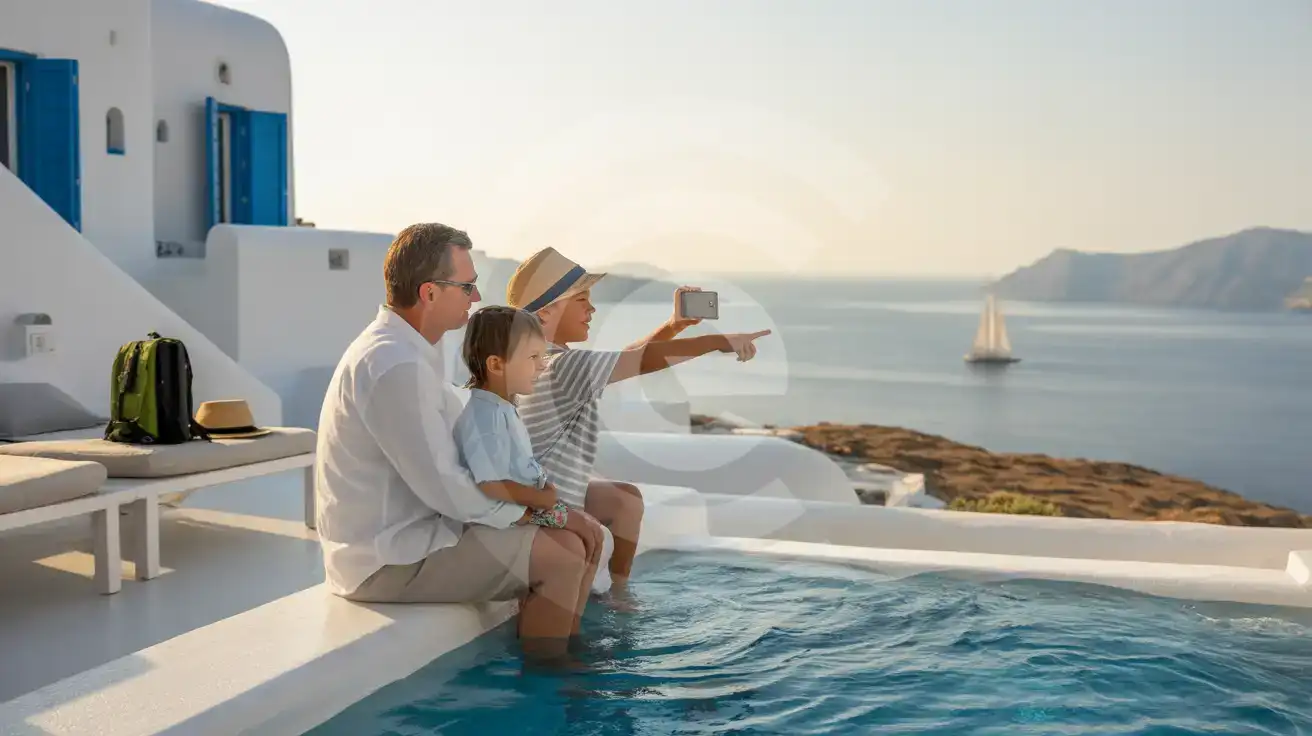 Family capturing the Aegean view from the infinity pool terrace at Arte & Mare Elia Mykonos Suites