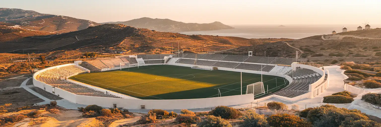 Exterior view of Mykonos Municipal Stadium with Cycladic landscape and Aegean Sea in the distance at golden hour