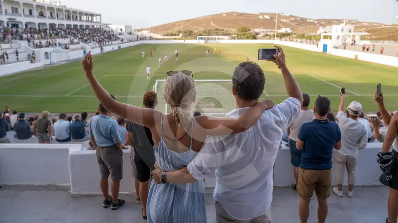 Mixed couple celebrating a goal in the packed terraces of Mykonos Municipal Stadium during a live football match with players on the pitch behind them