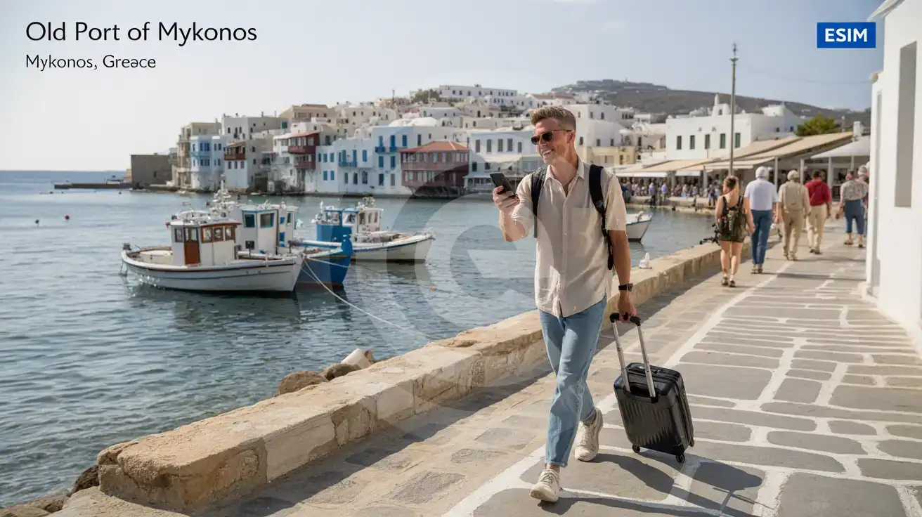 Solo male traveler walking the quay at Old Port of Mykonos with the whitewashed harbor waterfront behind him