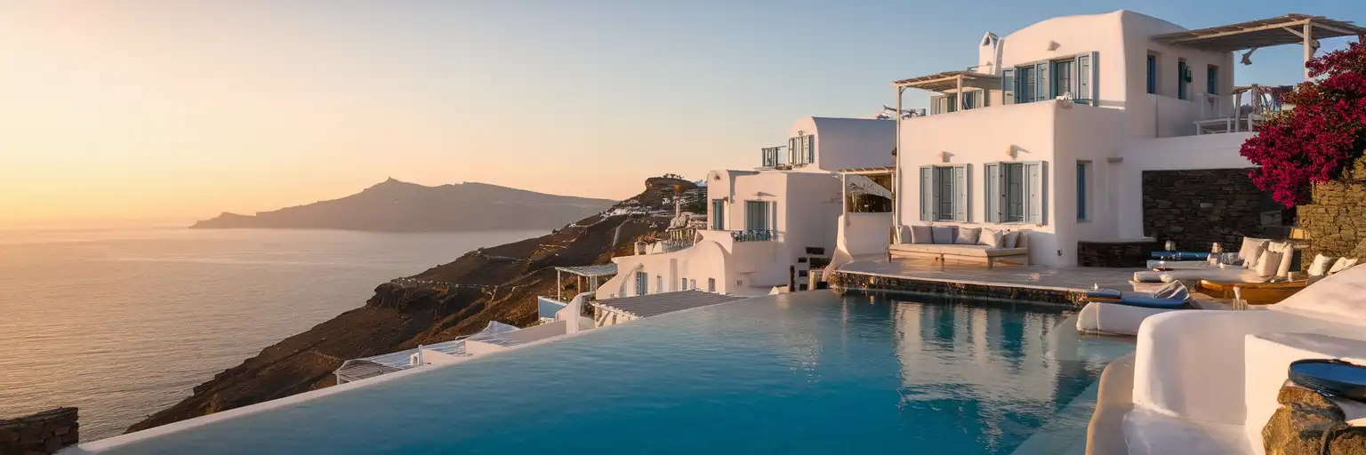 Saint John Hotel Villas & Spa whitewashed buildings overlooking Agios Ioannis Beach and the Aegean Sea at golden hour
