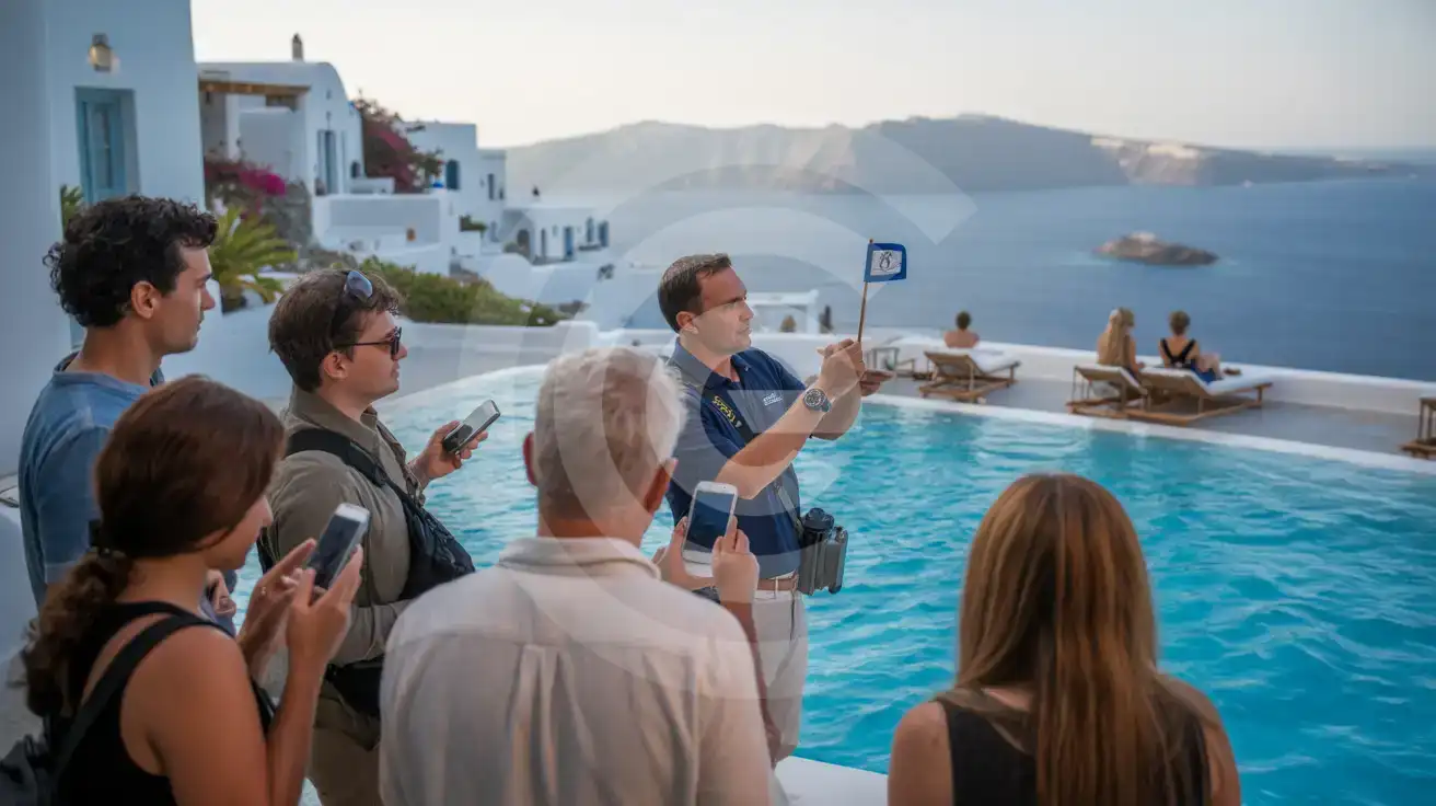 Guided tour group with phones raised at Saint John Hotel infinity pool terrace overlooking the Aegean Sea and Delos island
