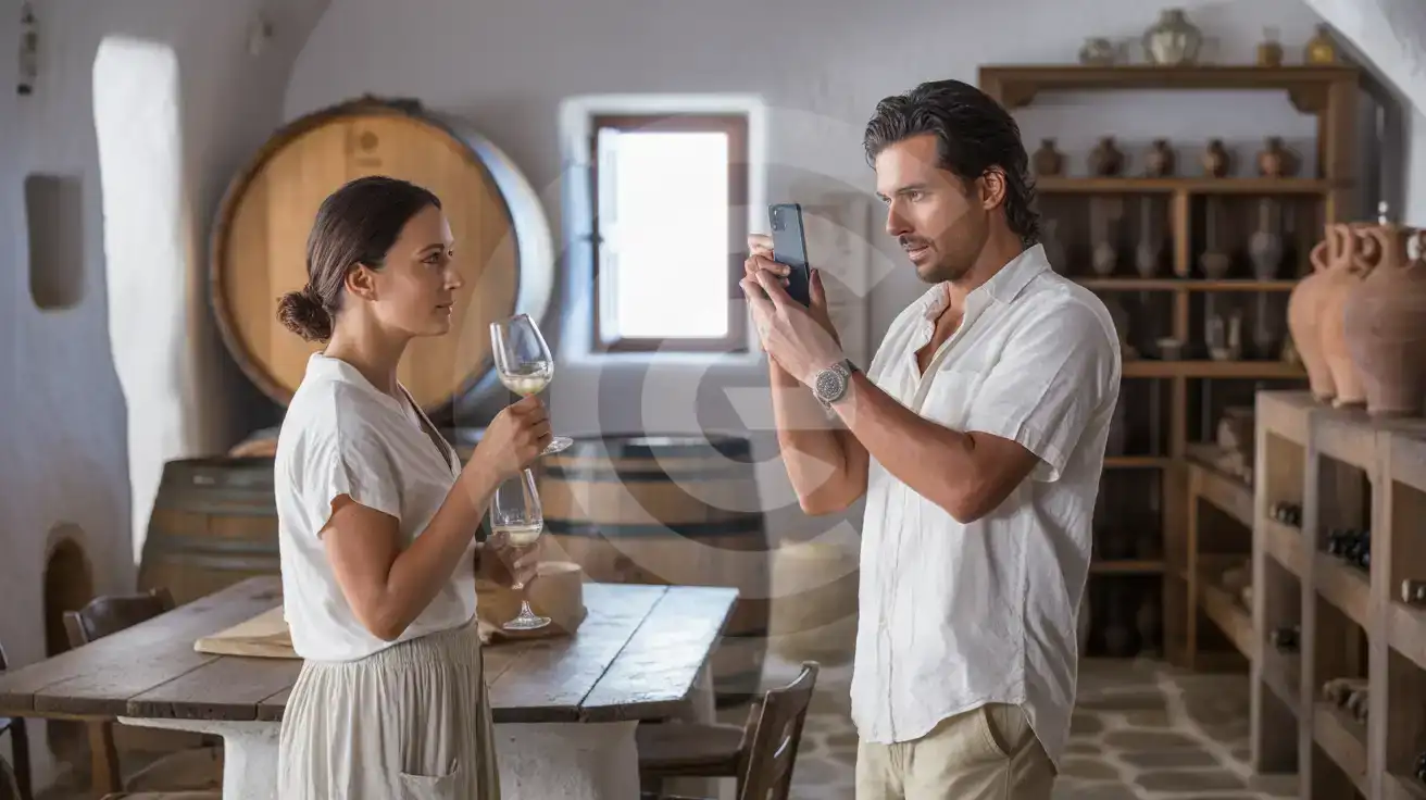 Couple tasting organic wine in Mykonos Vioma Organic Farm's traditional stone cellar