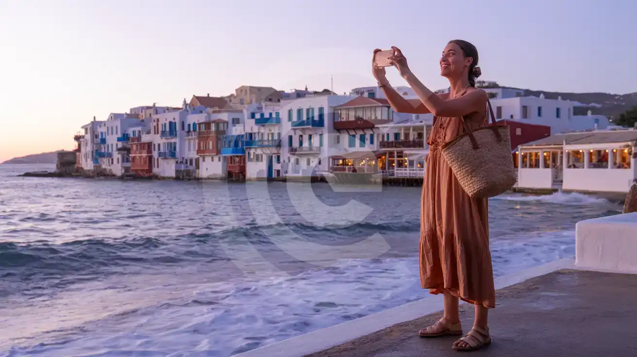 Solo female traveler photographing Little Venice waterfront in Mykonos at blue hour twilight