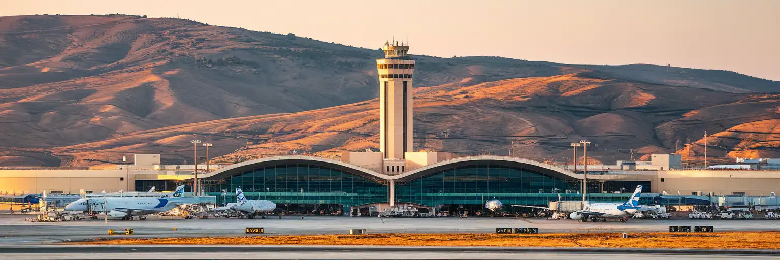 Heraklion International Airport terminal exterior with control tower and Cretan hills at golden hour