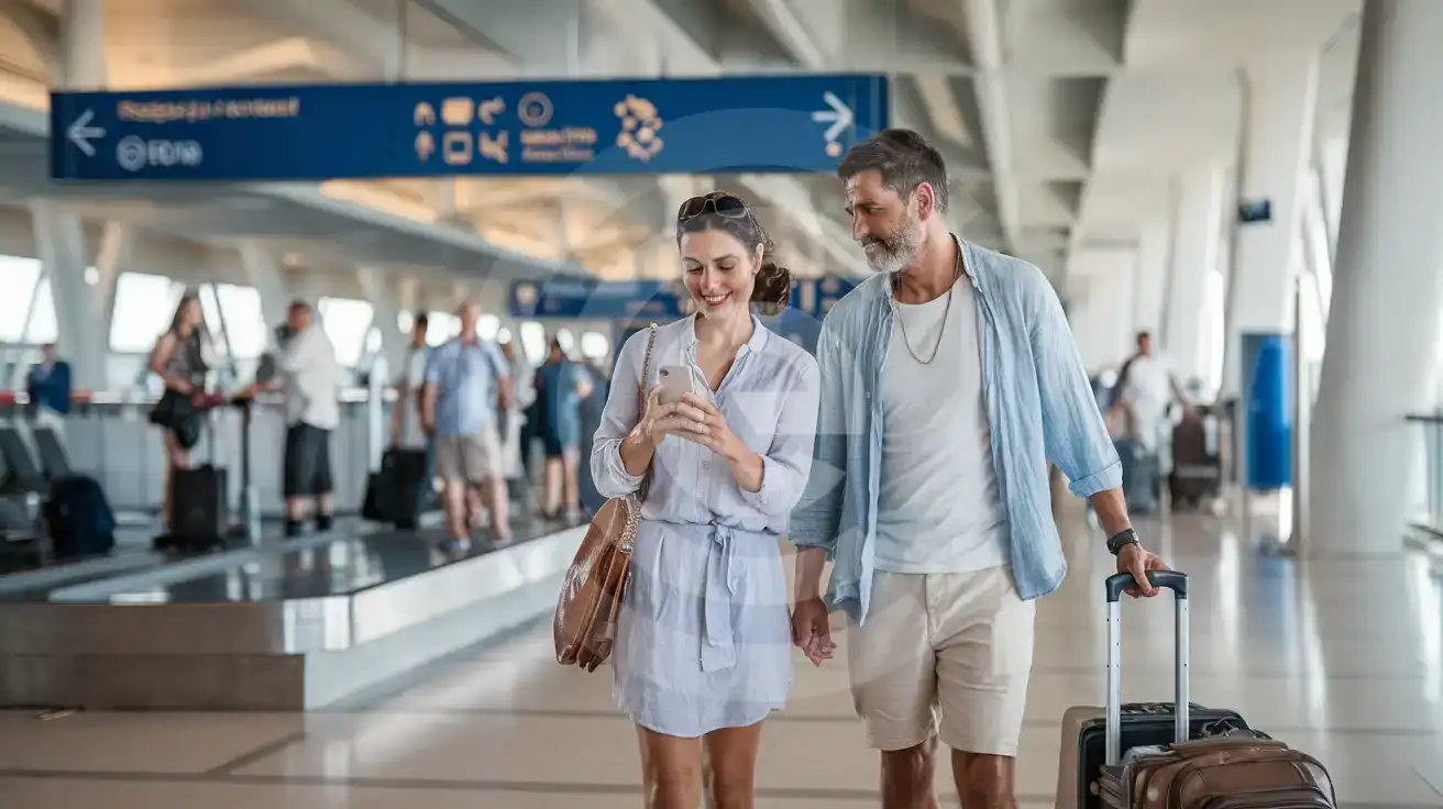 Mixed couple checking smartphone in Heraklion Airport arrivals hall with baggage carousel and ambient travelers