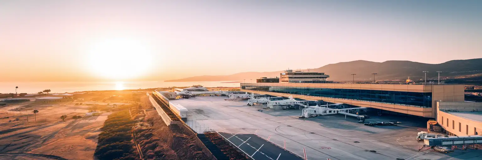 Exterior view of Chania International Airport Ioannis Daskalogiannis in Crete at golden hour