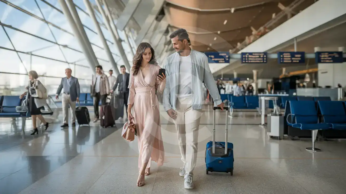 Honeymoon couple in the arrivals concourse at Chania International Airport Ioannis Daskalogiannis after landing