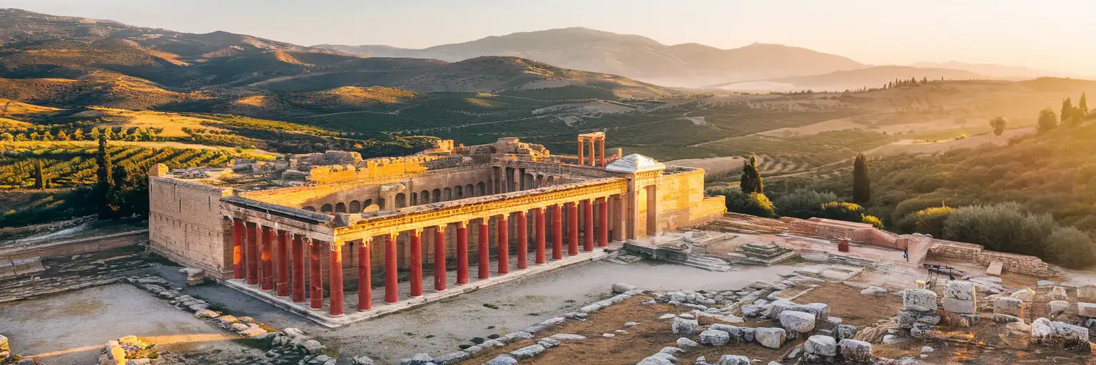 Ancient Palace of Knossos with distinctive red columns and restored Minoan architecture against Cretan hills at golden hour
