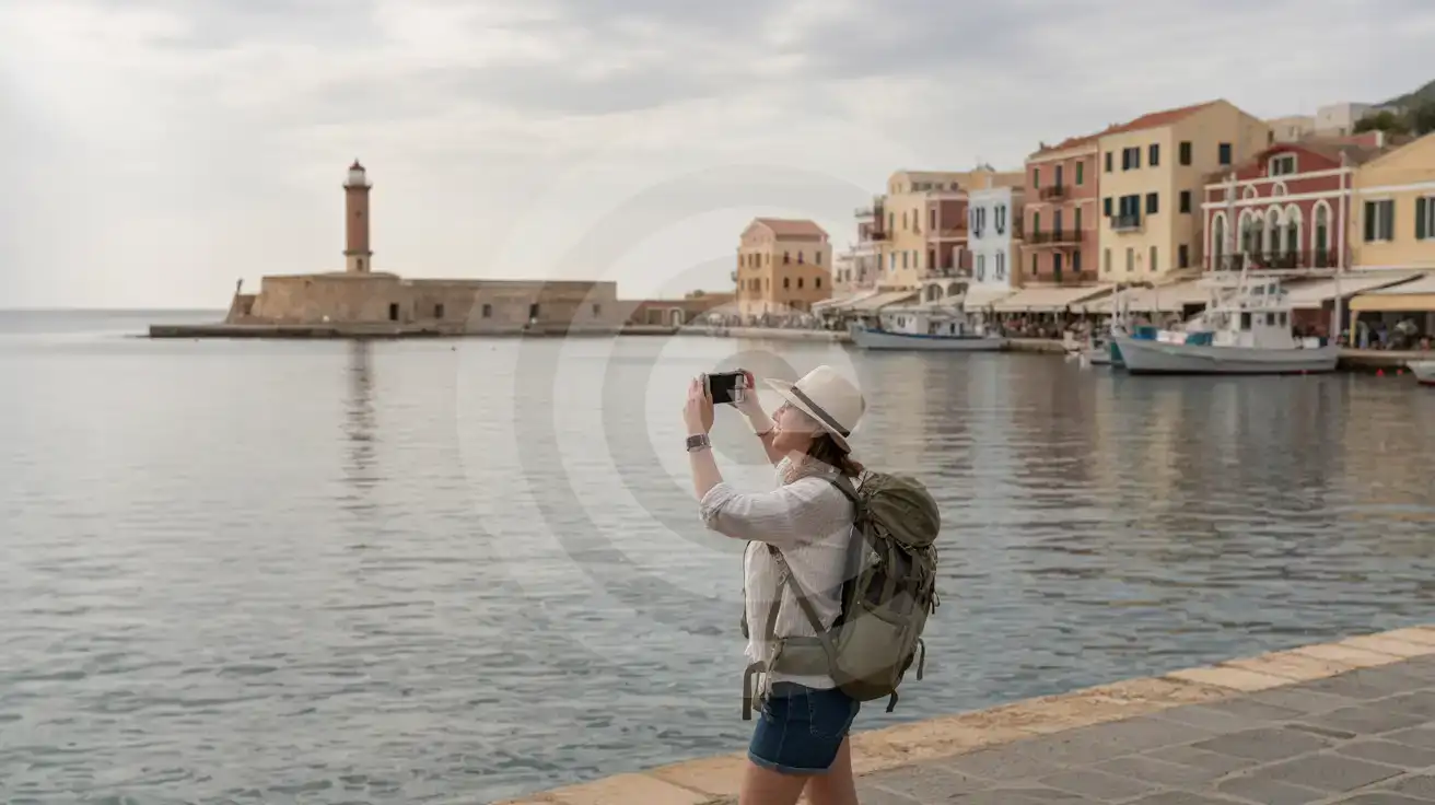 Solo female traveler photographing the Venetian Harbor and Egyptian Lighthouse in Chania, Crete at soft overcast light