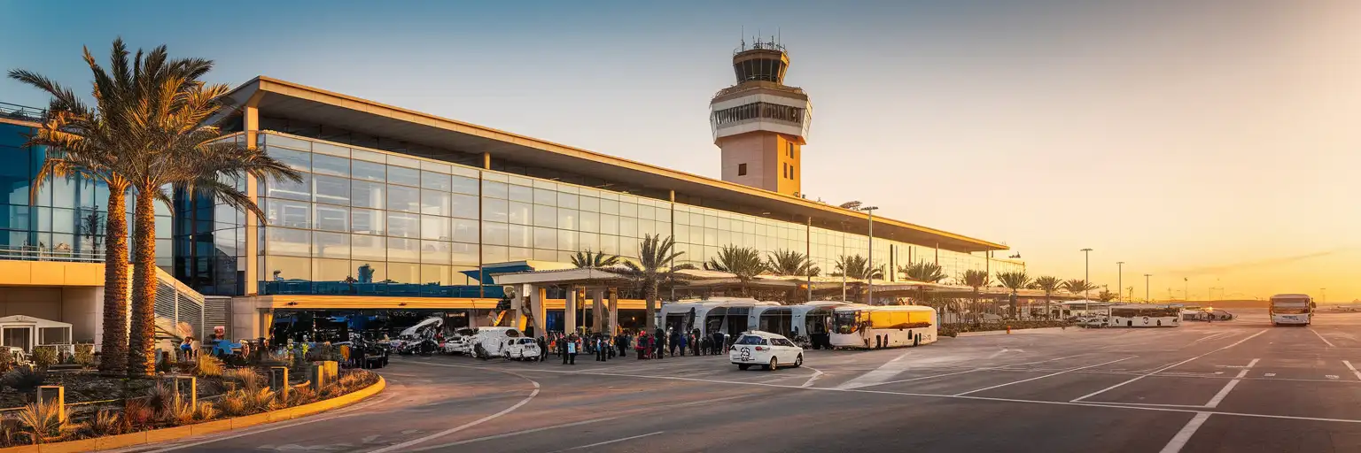 Rhodes International Airport terminal exterior at golden hour with arriving passengers and Mediterranean landscaping