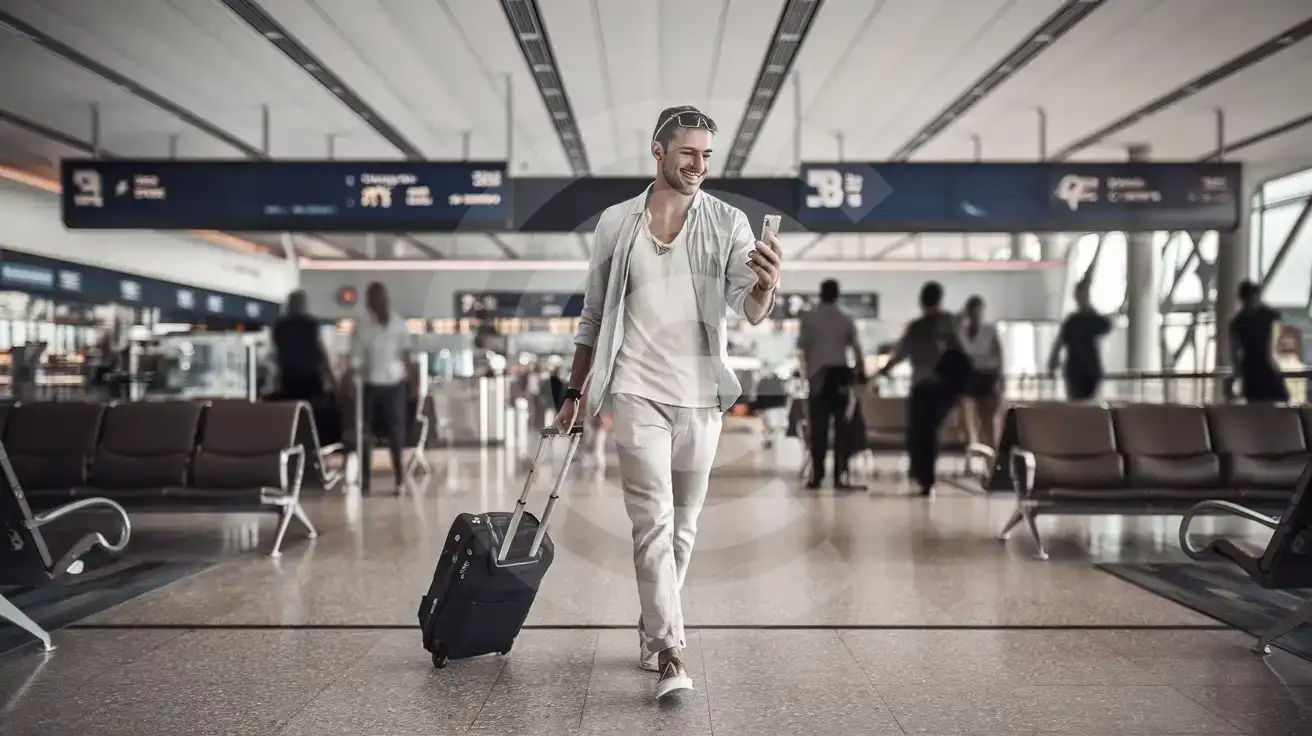Solo male traveler walking through Rhodes International Airport arrivals concourse with smartphone and rolling suitcase