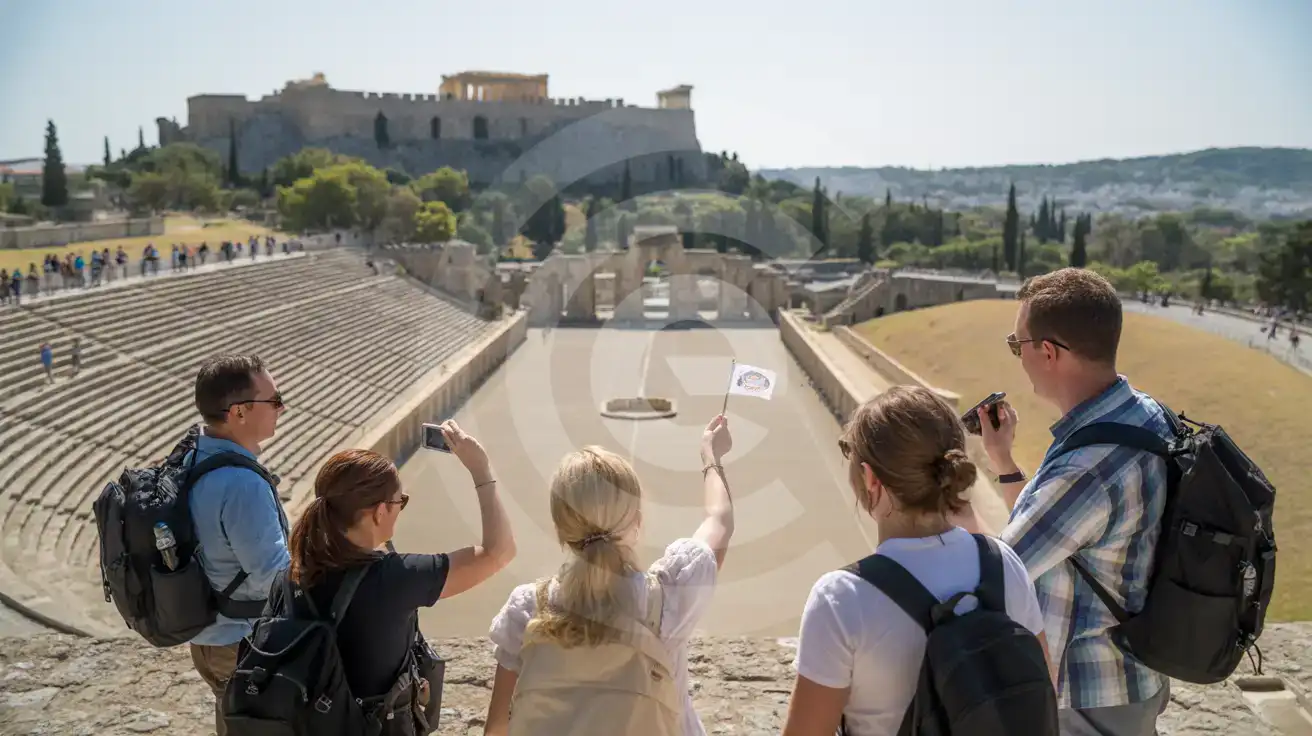 Guided tour group filming beside the ancient stadium at the Acropolis of Rhodes on Monte Smith