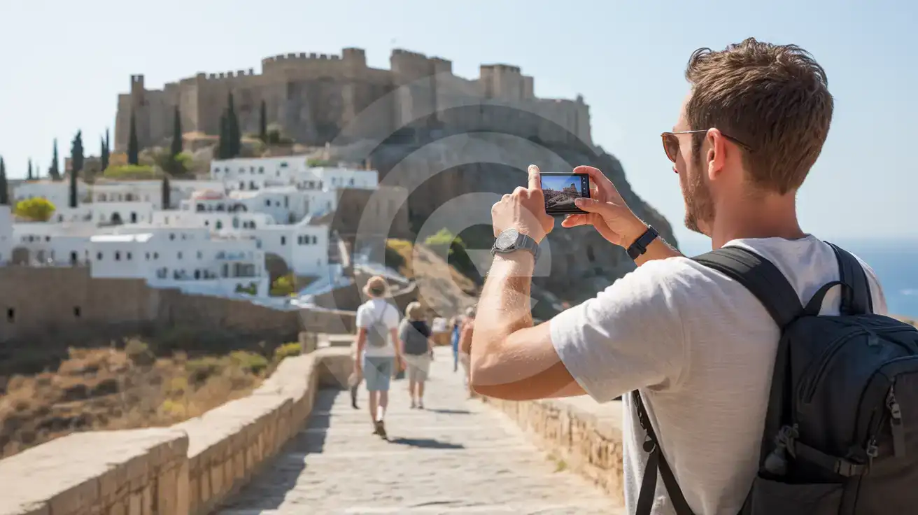 Solo male traveler photographing the stone path approach to Acropolis of Lindos in Rhodes, Greece