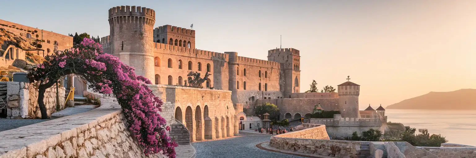 The Palace of the Grand Master in Rhodes Old Town at golden hour, its medieval stone towers rising against a warm sky with the Aegean Sea visible in the distance