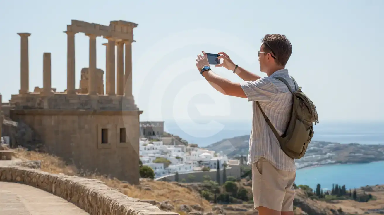 Solo male traveler photographing the ancient Doric columns of Lindos Acropolis with his smartphone, whitewashed village and St. Paul's Bay visible below