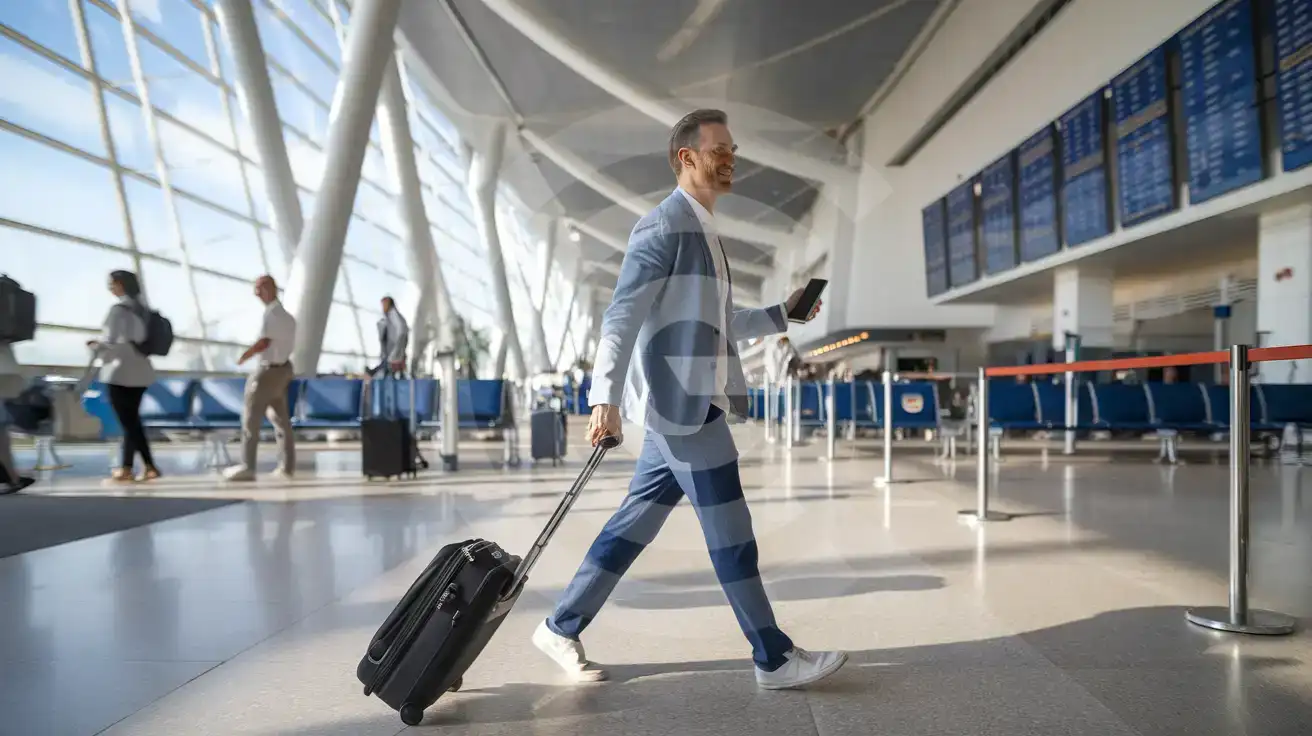 Solo male traveler walking through the arrivals concourse inside Corfu International Airport in Corfu, Greece