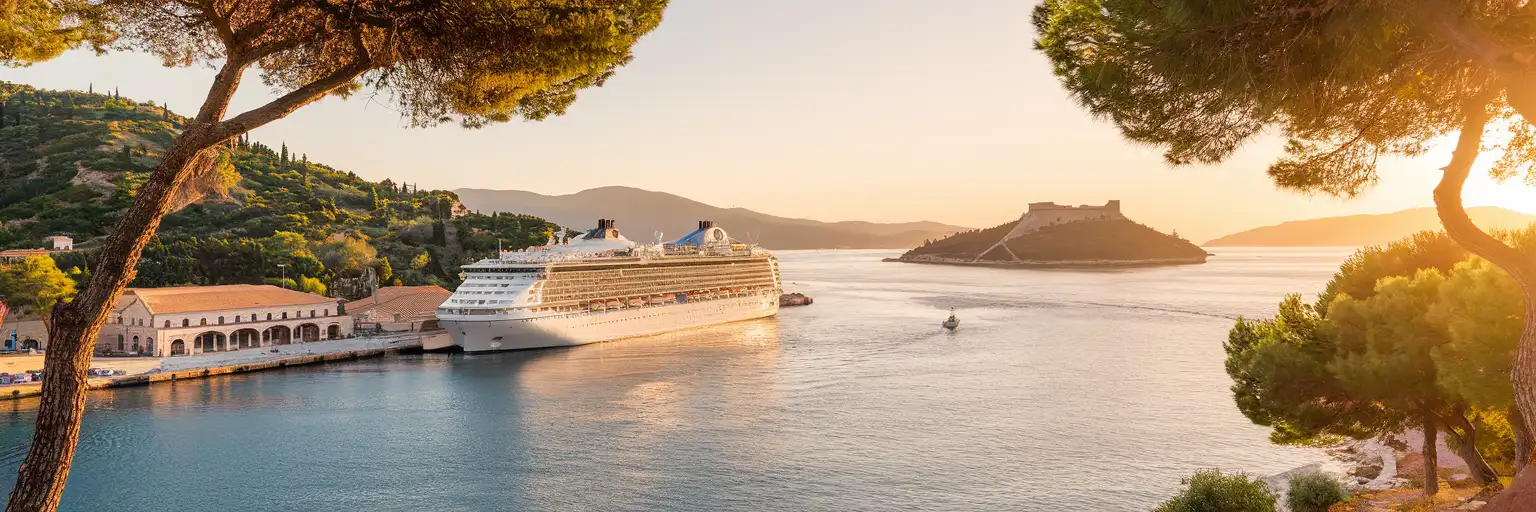 Corfu Cruise Port waterfront with a cruise ship docked at the New Port terminal, Venetian Old Fortress visible across the harbor at golden hour